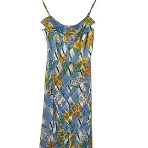 Kensie Floral Geometric Maxi Dress Blue Yellow Ruffle‎ Neck Spaghetti Strap